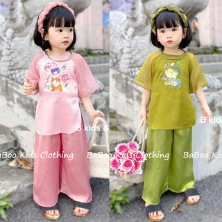 Bộ bà ba cho bé gái tặng kèm bờm tóc xinh chất lụa cao cấp mềm mại v056