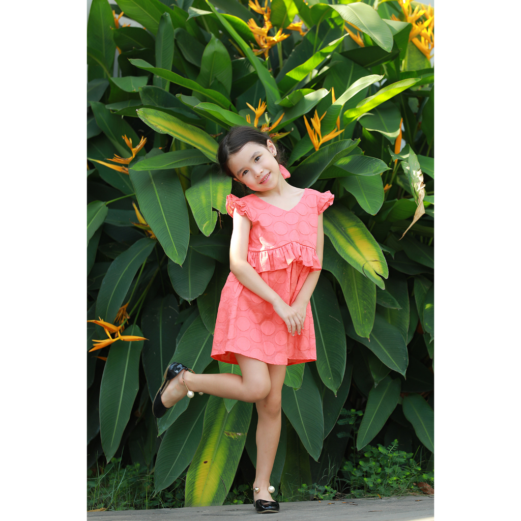 Áo đầm bé gái, tay cánh tiên, form A, cổ tròn, bèo eo, vải 100% cotton -S20DR07- thương hiệu Mỹ - Forever Young