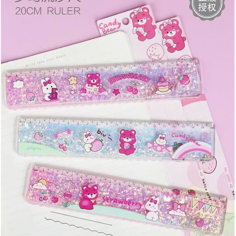 Thước Kẻ/ Đo Nhũ Kim Tuyến Gấu Dâu Lotso Cute Hồng Dễ Thương Dày Dặn Cho Bé 20cm