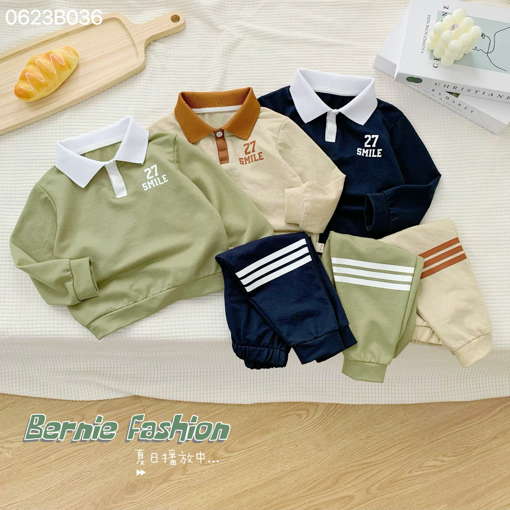 Bộ polo thể thao cotton dài tay in số 27 Bernie cho bé