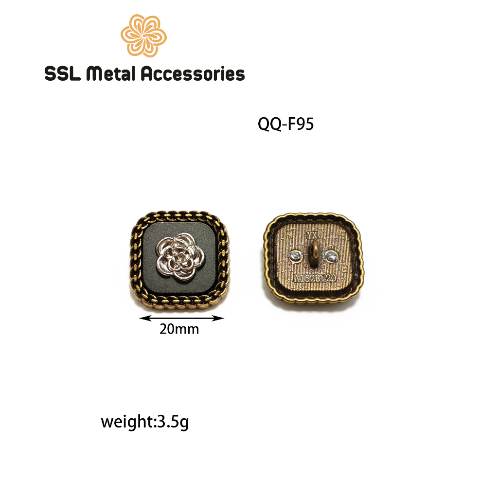 Cúc áo kim loại hình vuông có đính hoa hồng ở giữa phong cách vintage QQ-F95, 20mm