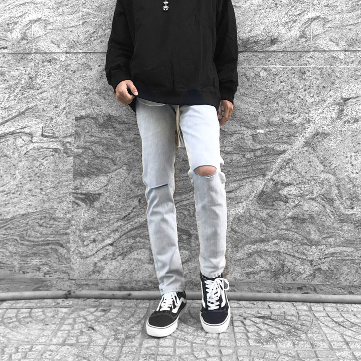 Quần jean nam rách gối màu ghi co giãn 4 chiều chất bò denim bạc xám mặc ôm dáng slimfit skinny Pon.mens