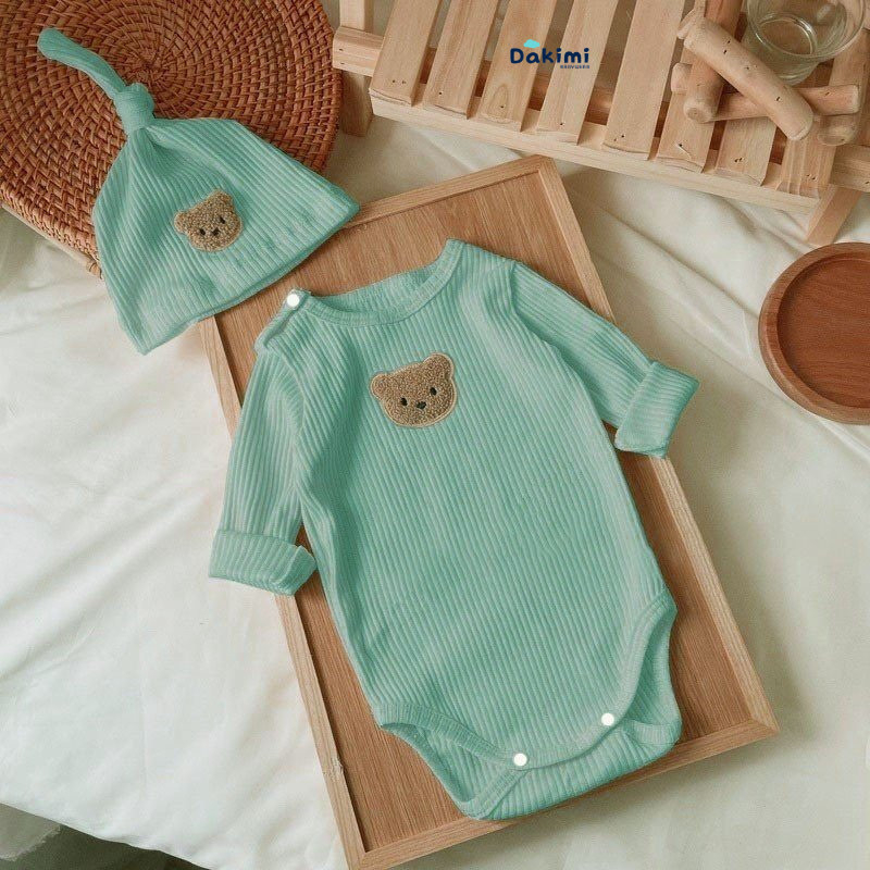 Bodysuit dài tay DAKIMI cho bé Đính Gấu, body dài tay cho bé gái bé trai chất Tăm gân mẫu quần áo sơ sinh 0-12M
