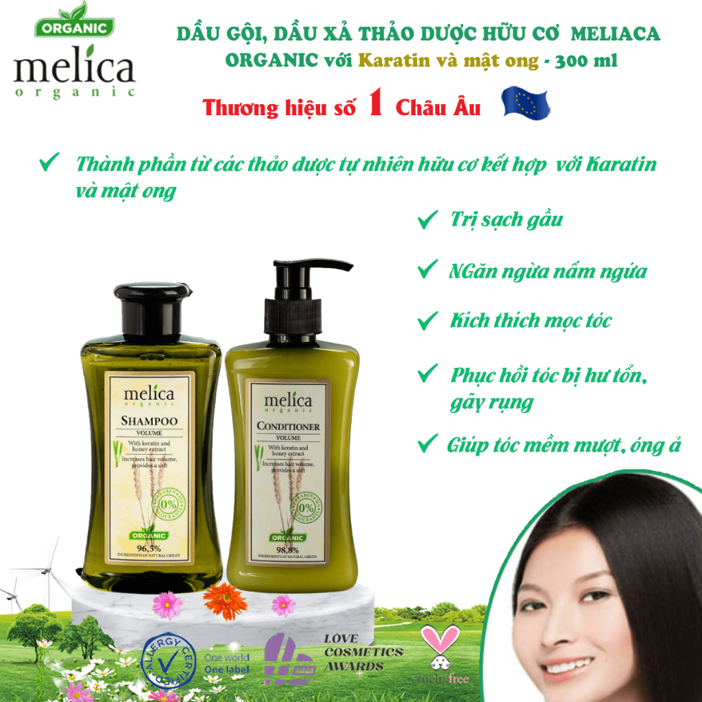 Dầu gội, dầu xả thảo dược hữu cơ Melica (2 chai mỗi chai 300ml),Với Keratin và Protein giúp tóc luôn bóng mượt, sạch gàu