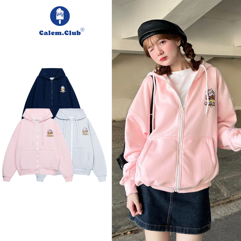 Áo khoác nỉ Hoodie Zip form Boxy Thêu CAT vải nỉ lót bông brand Calem.Club