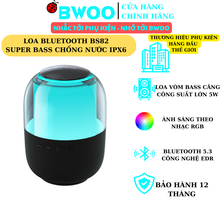 Loa bluetooth BWOO BS82 Super Bass chống nước IPX6 Dùng Cho Mọi Thiết Bị BH 12 Tháng