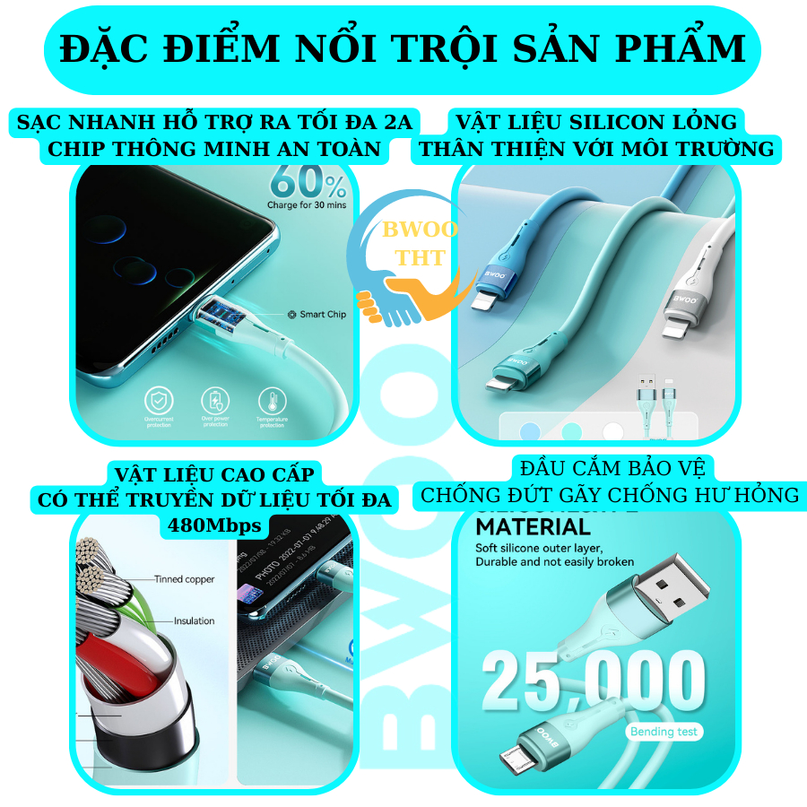 Cáp Sạc Nhanh USB to Micro BWOO Silicon Cho các dòng máy samsung oppo xiaomi huawei..BH 12 tháng