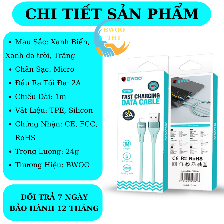 Cáp Sạc Nhanh USB to Micro BWOO Silicon Cho các dòng máy samsung oppo xiaomi huawei..BH 12 tháng