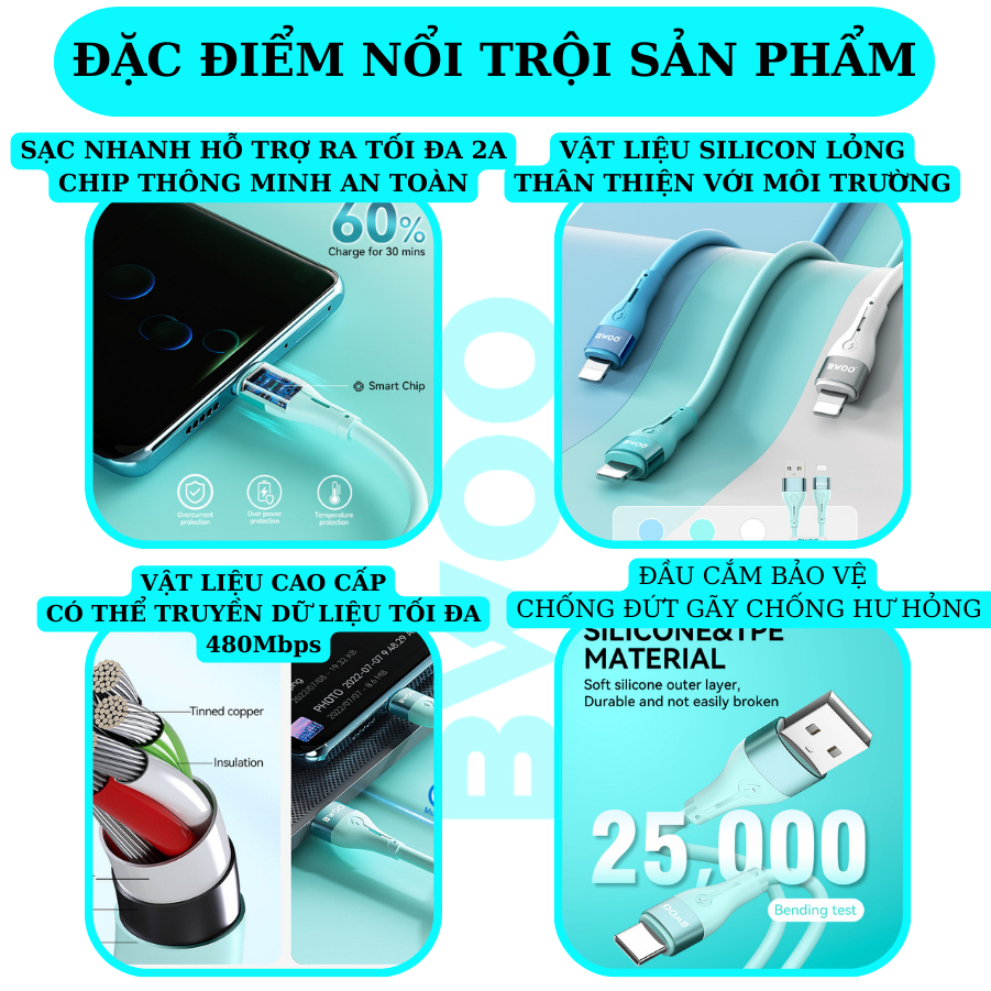 Cáp Sạc Nhanh USB to Tyc BWOO Silicon Cho các dòng máy samsung oppo xiaomi huawei..BH 12 tháng