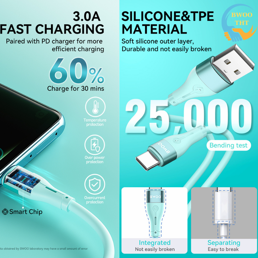 Cáp Sạc Nhanh USB to Tyc BWOO Silicon Cho các dòng máy samsung oppo xiaomi huawei..BH 12 tháng