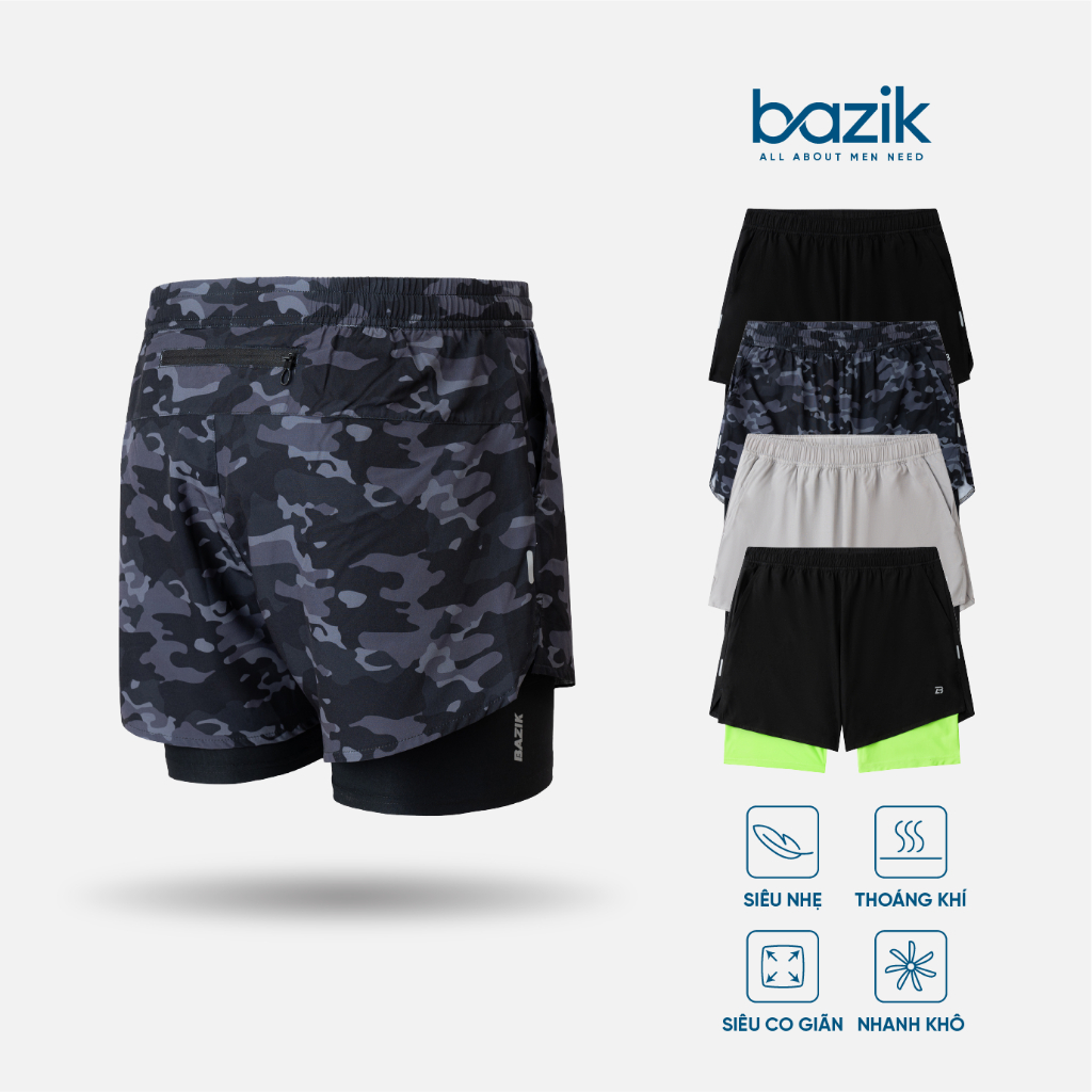 Quần Short chạy bộ 2 lớp Nam BAZIK Speed Up Running 2 in 1 thoáng khí, thấm hút mồ hôi và khô nhanh, thoải mái vận động