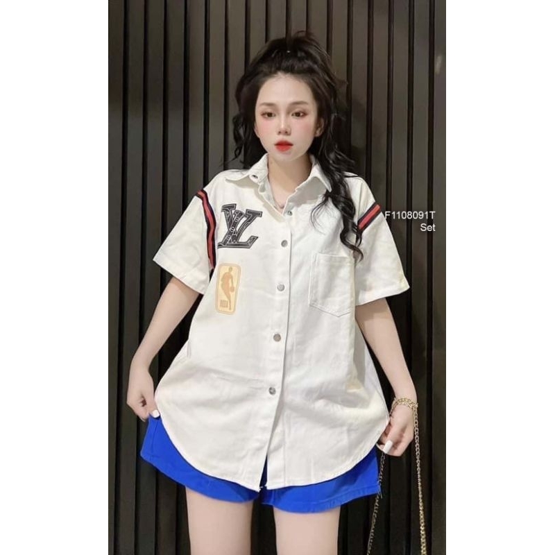 Set jean phối màu quần short áo sơ mi tay ngắn dáng rộng 0207