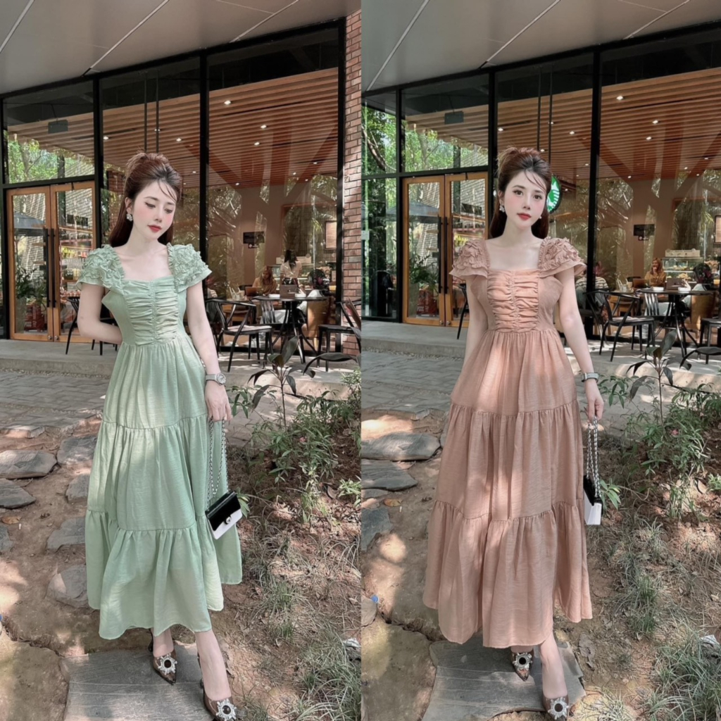 Đần váy nữ maxi cổ vuông tay bèo cánh tiên phối lụa 3d dáng xòe thanh lịch sang chảnh cho nàng đi tiệc,đi chơi
