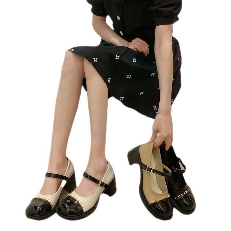 Giày cao gót nữ  Mary Jane 5cm phong cách cổ điển phối quai xích sang chảnh mã K85