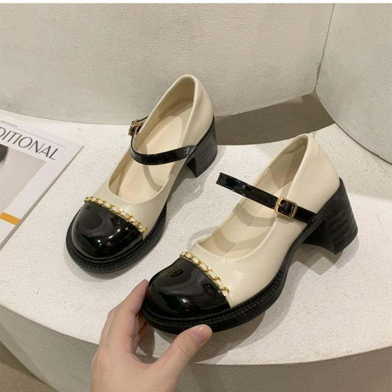 Giày cao gót nữ  Mary Jane 5cm phong cách cổ điển phối quai xích sang chảnh mã K85