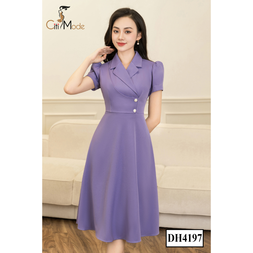 Đầm công sở CITI MODE FASHION thiết kế dáng xoè tím cổ vest đính cúc eo DH4197