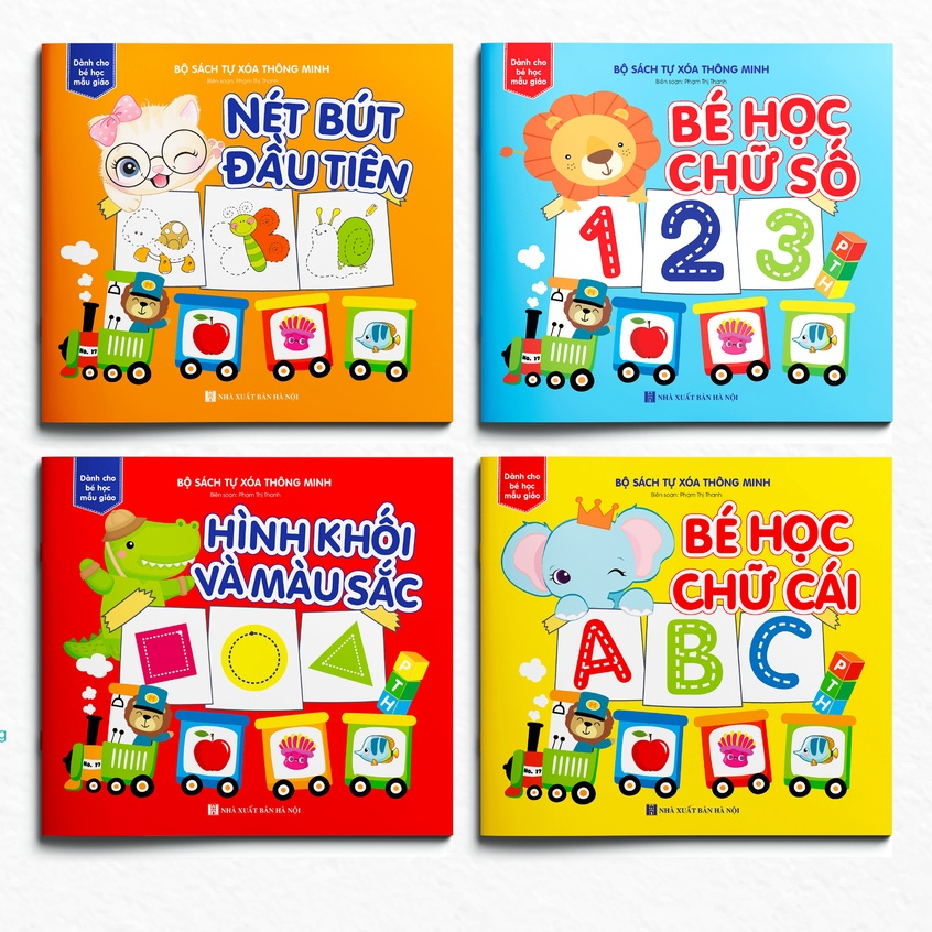 Sách - Tự Xóa Thông Minh - Bộ 4 Cuốn - Bé Học Chữ Số, Chữ Cái, Nét Bút Đầu Tiên, Hình Khối Và Màu Sắc (Tặng Kèm Bút