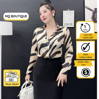 Áo tơ lụa sơ mi tay dài nữ họa tiết vệt đen nền nâu be thiết kế sang trọng cao cấp, áo sơmi thiết kế MQ Boutique