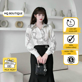 Áo sơ mi nữ lụa tay dài họa tiết dây buộc nền trắng thiết kế tinh tế sang trọng cao cấp, áo sơmi thiết kế MQ Boutique