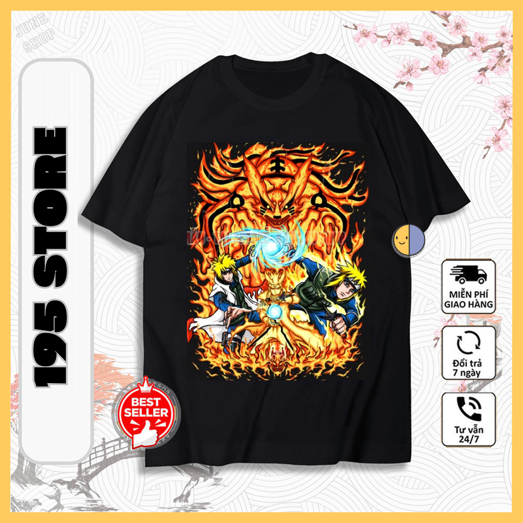 Áo thun Naruto, Áo thun Anime in hình Naruto Cữu Vĩ Màu đen cực ngầu, Chất liệu cotton co dãn 4 chiều thoáng mát