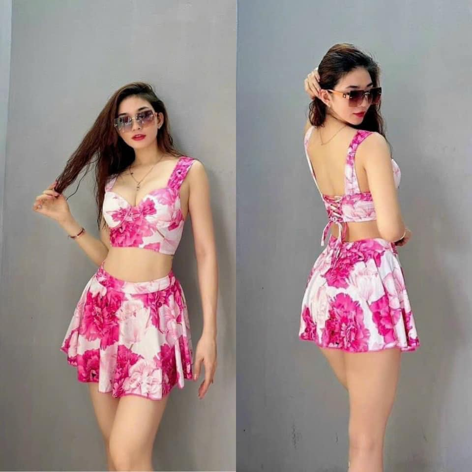 Bikini đi biển nữ bikini 2 mảnh kín đáo áo nâng ngực váy xòe lưng cao che bụng có quần đùi bên trong Xuka