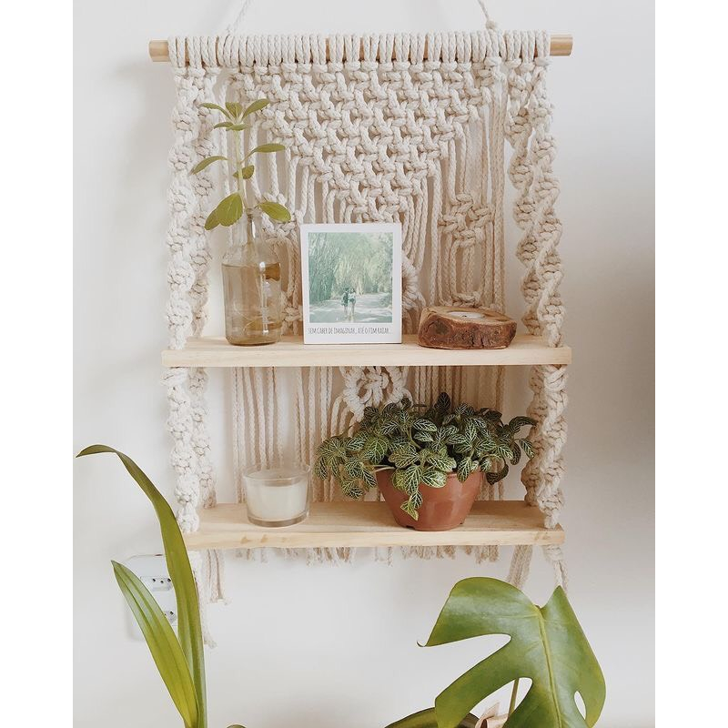 kệ gỗ 2 tầng treo tường thắt macrame decor ( ảnh thật và video)