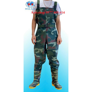 Ủng yếm lội nước Hoa San màu xanh đế vàng cứng đủ size 38-43, ủng liền quần lội nước Hoa San đế vàng cứng