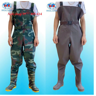 Ủng yếm lội nước Hoa San size 38-43 màu xanh, ủng yếm màu nâu đế cứng, ủng lội nước liền quần