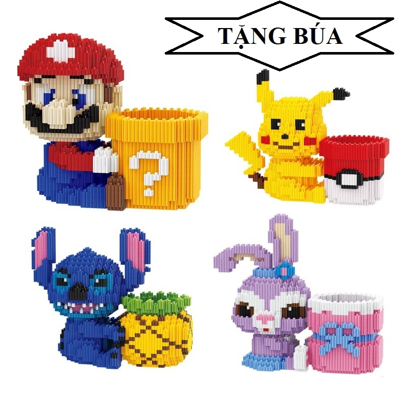 Lego hộp bút nhiều nhân vật mario, pikachu, thỏ tím, stich xanh - lego hộp bút cỡ lớn size to 13CM_1