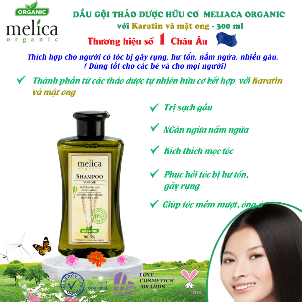 Dầu gội thảo dược hữu cơ Melica 300ml, kết hợp với Keratin và Protein Thủy phân giúp sạch gầu,hết nấm ngứa,tóc bóng mượt