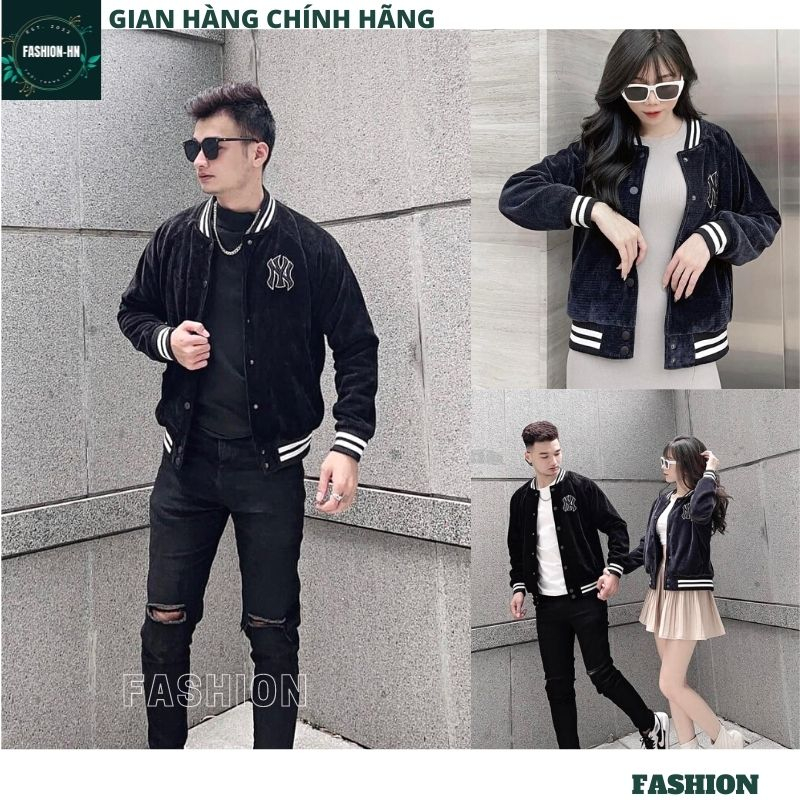 Áo khoác nam nữ bomber nhung tăm chữ NY màu đen 1 lớp unisex dài tay form rộng trẻ trung ulzzang - FASHION AK44