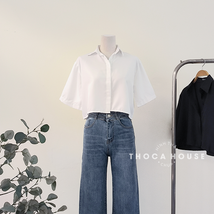 Áo sơ mi nữ croptop công sở dáng trơn ngắn tay nhiều màu THOCA HOUSE mặc đi làm, đi học, dạo phố