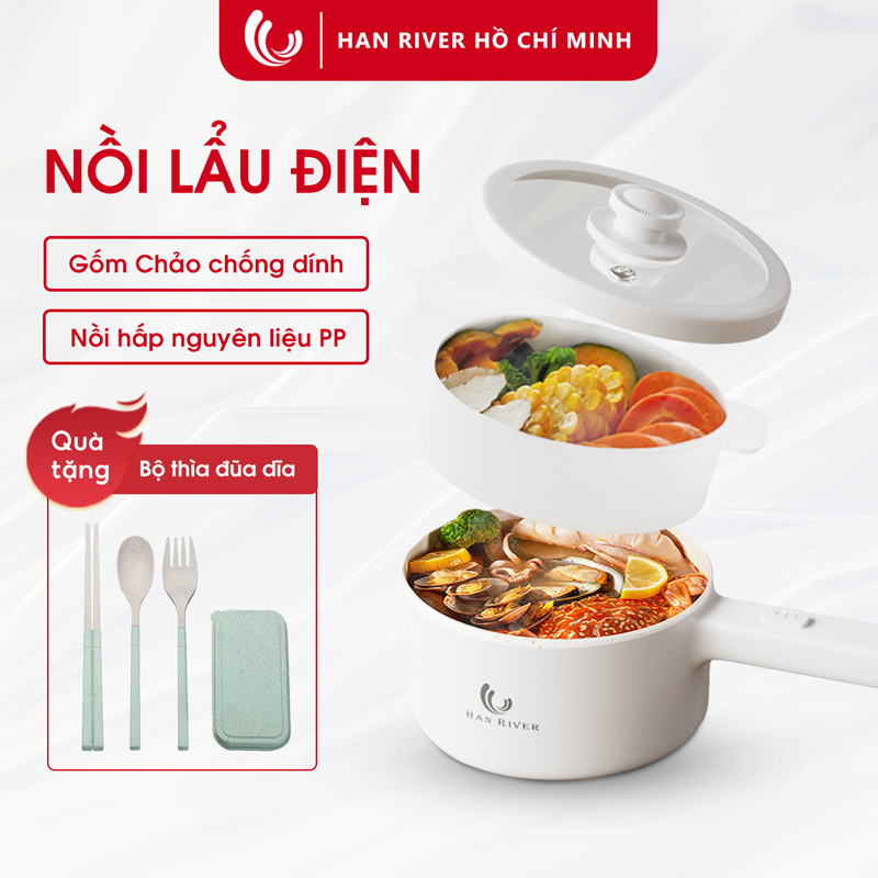 HAN RIVER Nồi lẩu điện đa năng tích hợp 1.5L (Lẩu, hấp, chiên, rán, xào, hầm) - Hàng chính hãng