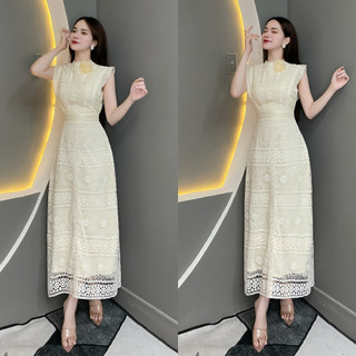 V1227 đầm ren thiết kế cổ vuông dáng dài 2 lớp - thanh tự