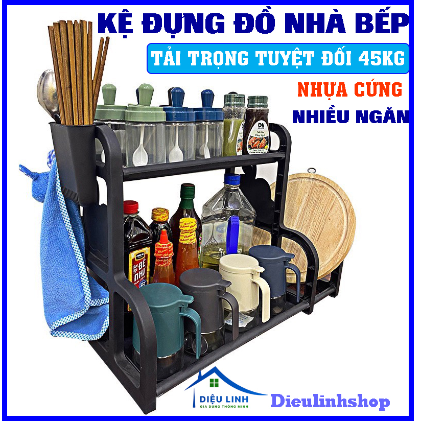 Kệ gia vị nhà bếp thông minh Tashuan có khay để thớt chữ B 3623, kệ nhà bếp 2 tầng màu đen dieulinhshop