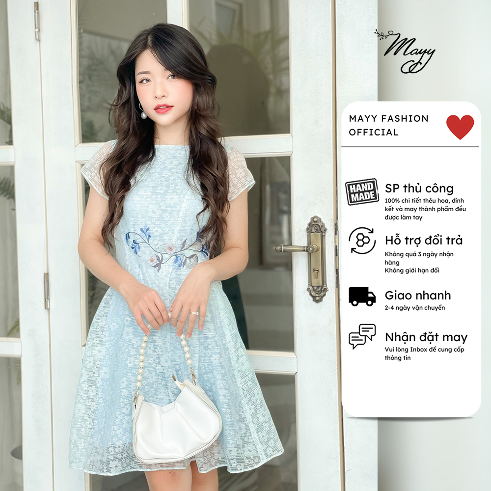 Váy thiết kế MAYY FASHION tơ xước hoa trắng thêu hoa eo Thiên Lý
