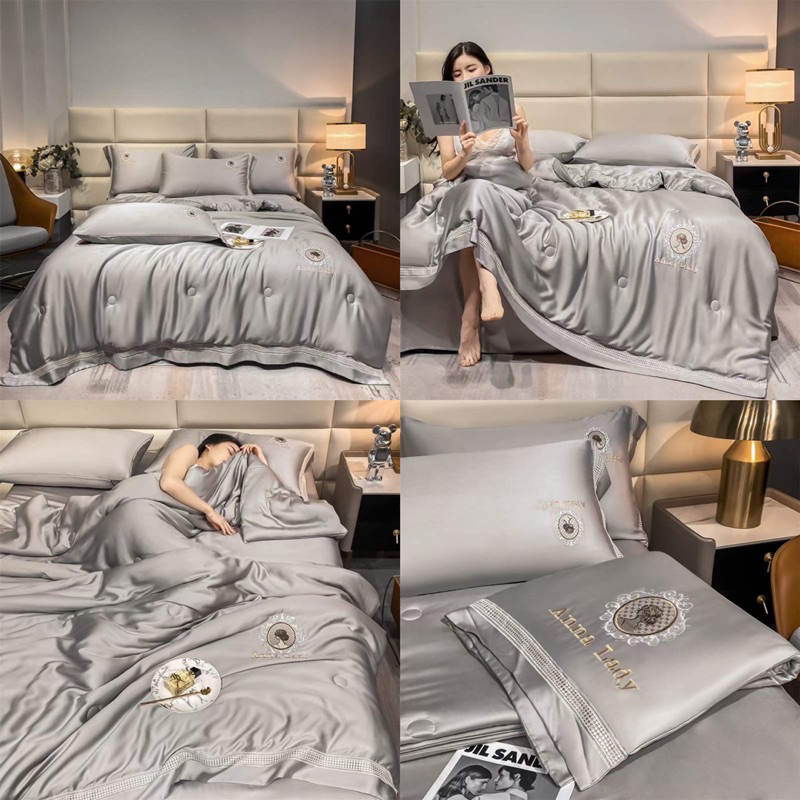 Set phi lụa chăn hè Anne lady x Gấu bedding phối viền sang chảnh