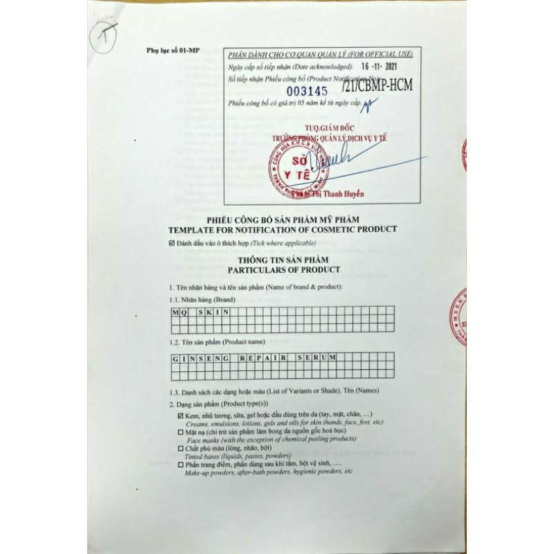 Serum Tái Tạo Da Sâm Cau Rừng MQ SKIN 30ML Giải Quyết Mụn Nám Tàn Nhang