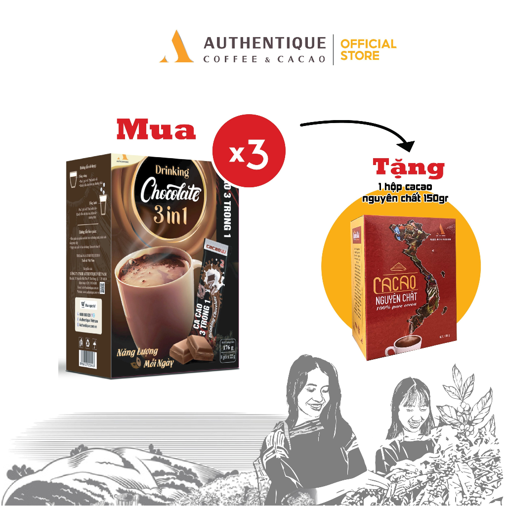 Bột Cacao sữa 3in1 Drinking Chocolate - Hộp 8 gói x 22g  - Đậm vị Socola | Authentique Cacao