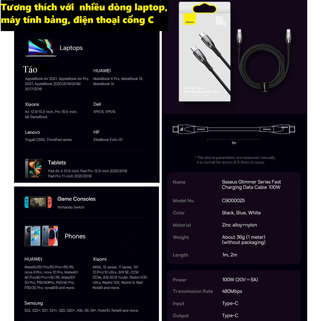 Dây sạc nhanh 2 đầu type C100W E-Marker chip siêu bền cho Macbook, ipad, laptop Baseus Glimmer CB000025