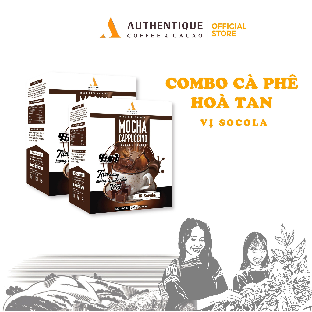 Cà phê pha sẵn hòa tan vị Sô cô la 4in1 (20G x 10Gói) - Mocha Cappuccino Instant Coffee | Authentique Instant Coffee