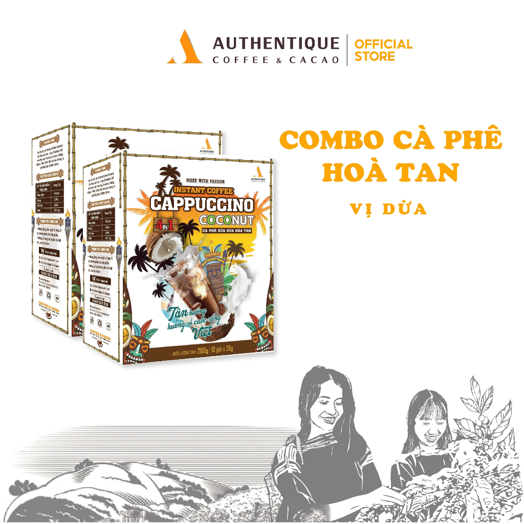 Cà phê pha sẵn hòa tan vị sữa dừa 4in1 (20G x 10Gói) - Cappuccino Coconut | Authentique Instant Coffee