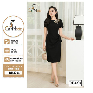 Đầm công sở CITI MODE FASHION thiết kế dáng ôm đen cổ thuyền thêu hoa nhún hông DH4204