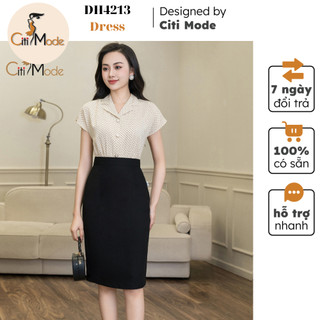 Đầm công sở CITI MODE FASHION thiết kế dáng ôm chấm be cổ bẻ đính cúc phối chân váy đen DH4213