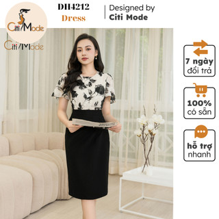 Đầm công sở CITI MODE FASHION thiết kế dáng ôm ôm hoa cổ tròn phối chân váy đen nhún hông DH4212
