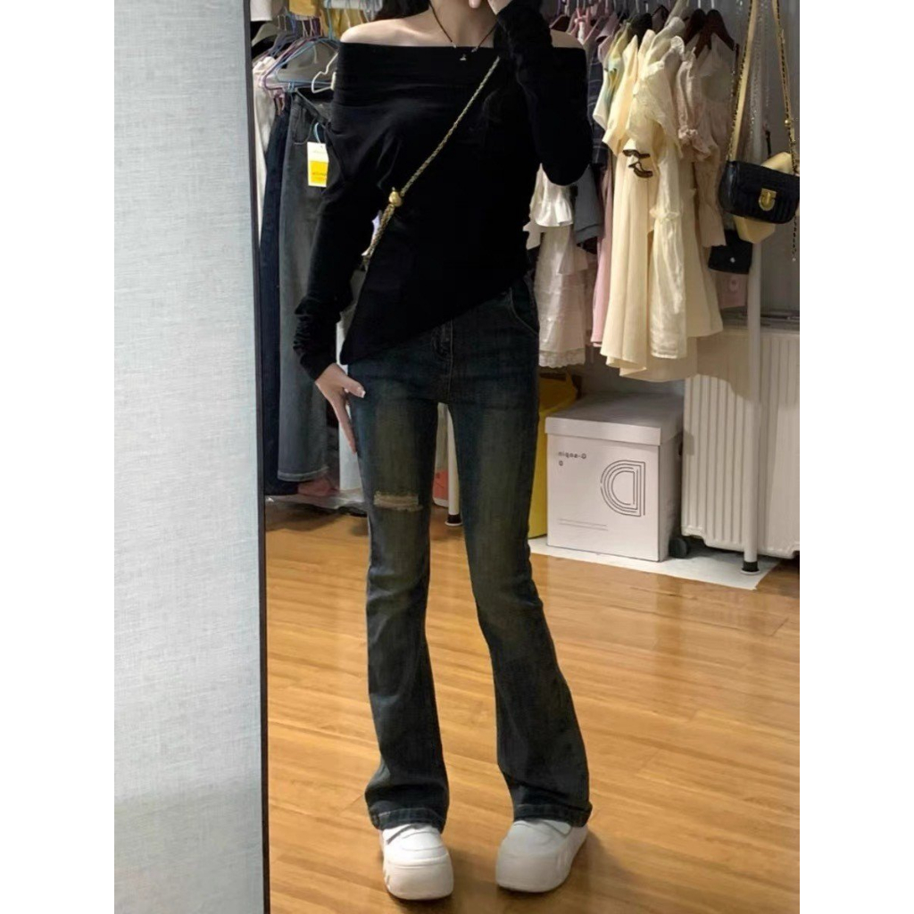 Quần jean nữ ống loe rách đùi co giãn - 247store.vn - QuanJeanrachQ49_P0K11
