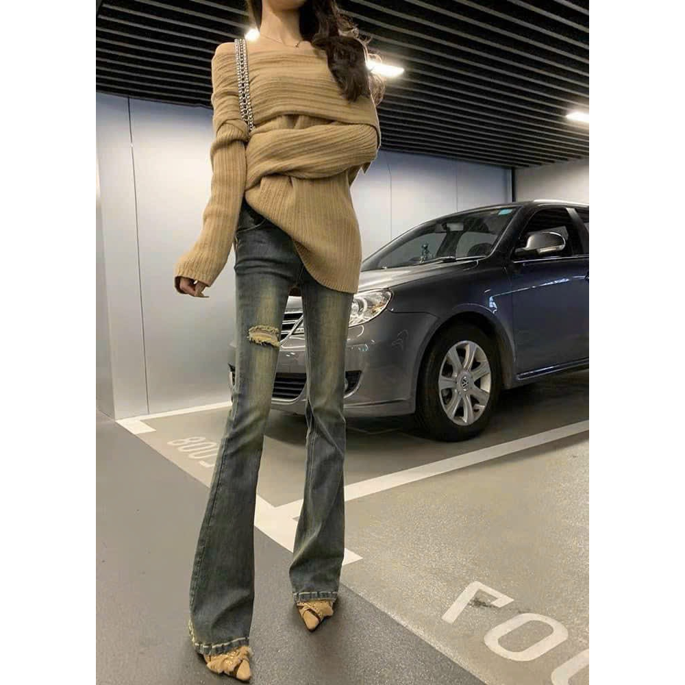 Quần jean nữ ống loe rách đùi co giãn - 247store.vn - QuanJeanrachQ49_P0K11