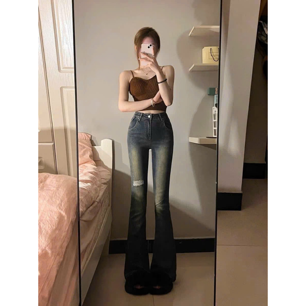 Quần jean nữ ống loe rách đùi co giãn - 247store.vn - QuanJeanrachQ49_P0K11