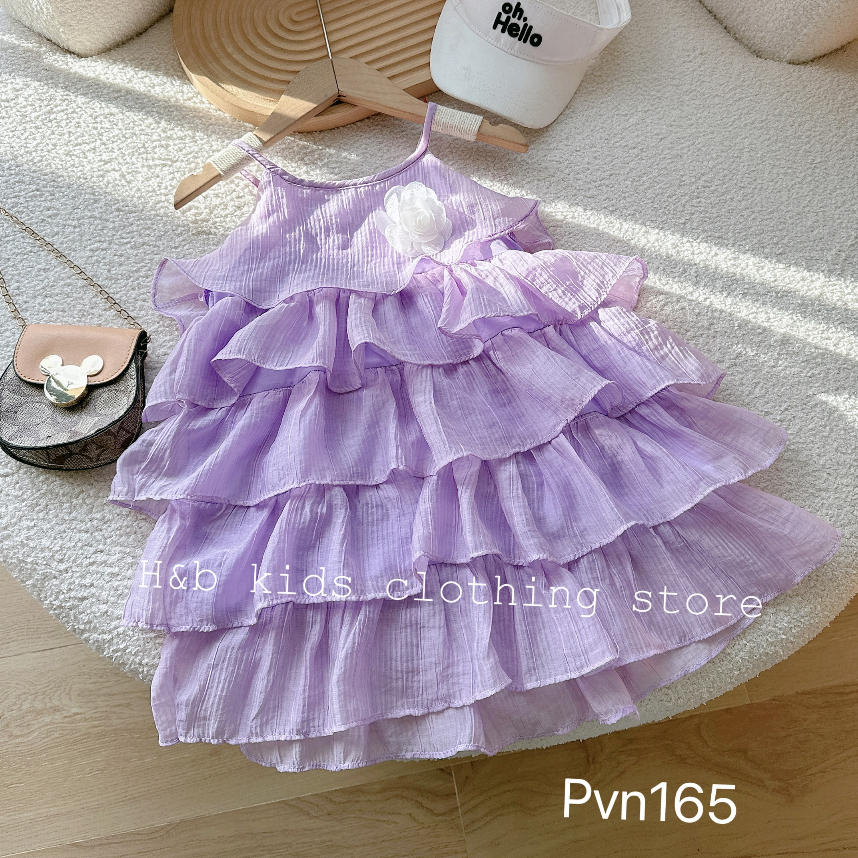 Váy bé gái 2 dây đính hoa nhiều tầng cho bé yêu từ 8-20kg