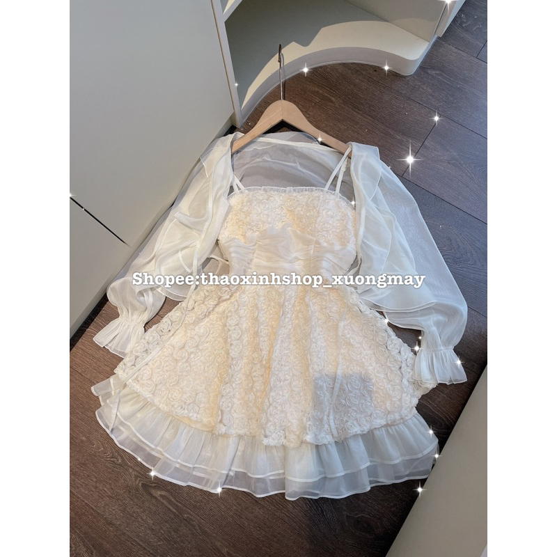Set đầm hoa ren hồng + áo khoác tơ